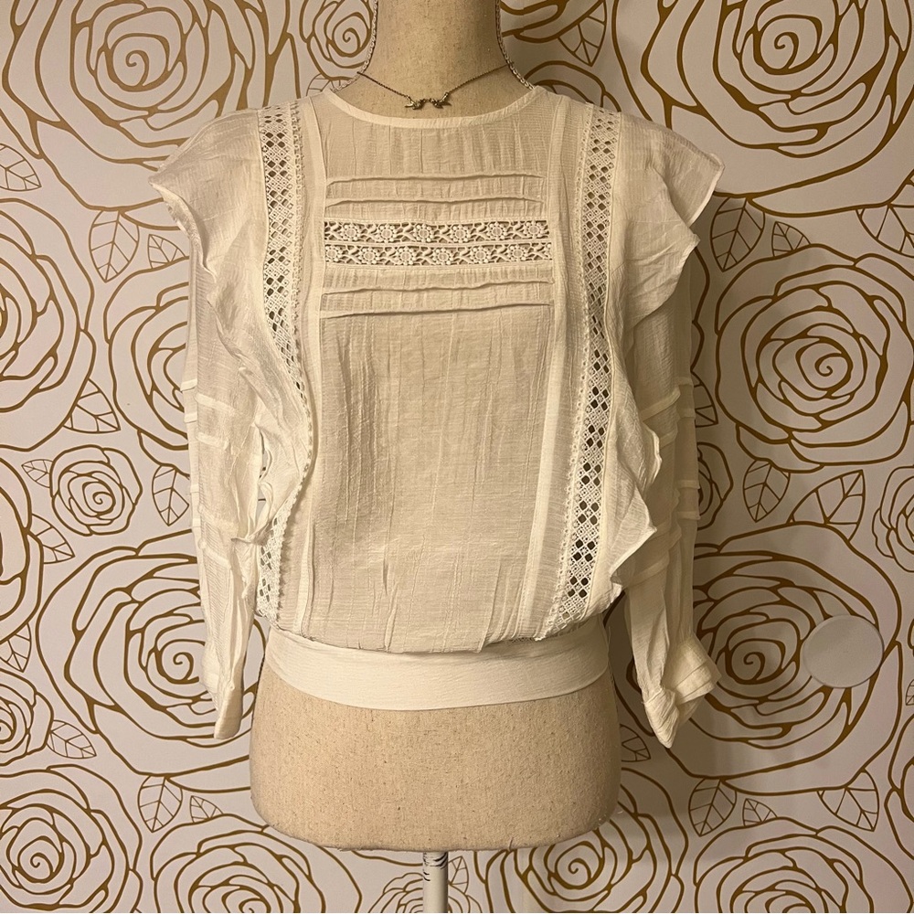 NWT Aqua Elegant White Lace Trim Blouse